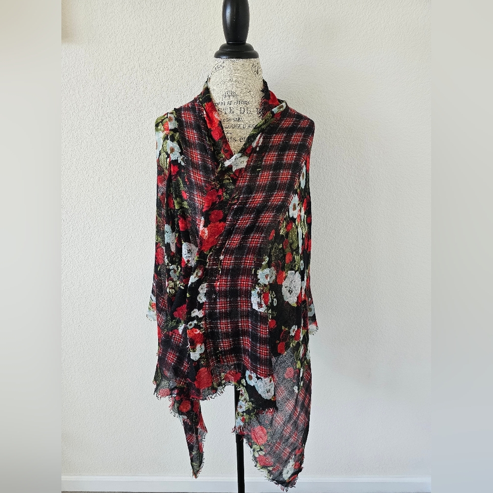 BCBGeneration Mixed Print Scarf - Red Plaid & Floral Tartan Wrap